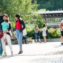 People walking on boardwalk at Evergreen Brick Works