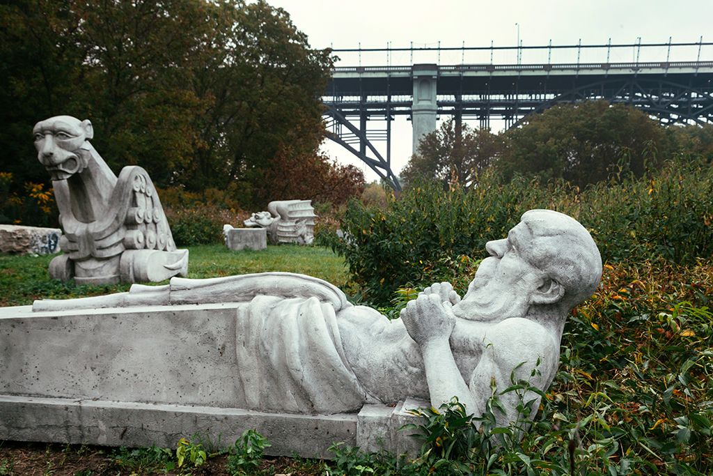 Three gargoyle statues that are available for viewing along the Don River Valley