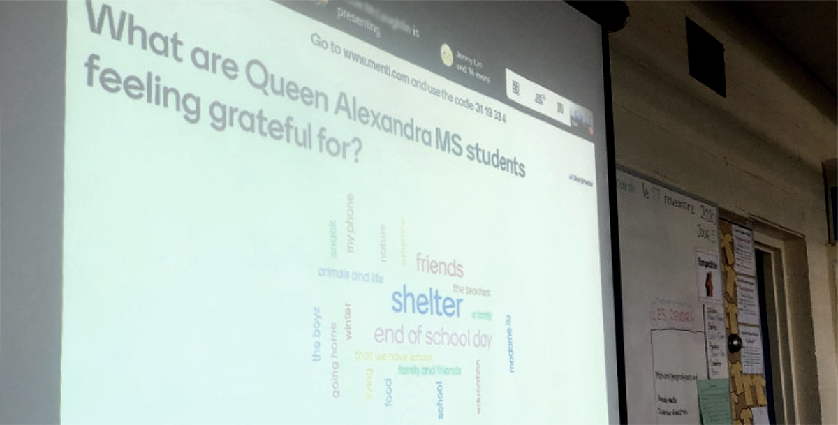 Presentation screen of a word cloud generated by students. It reads 'What are Queen Alexandra MS students grateful for? Shelter, end of school day, friends.