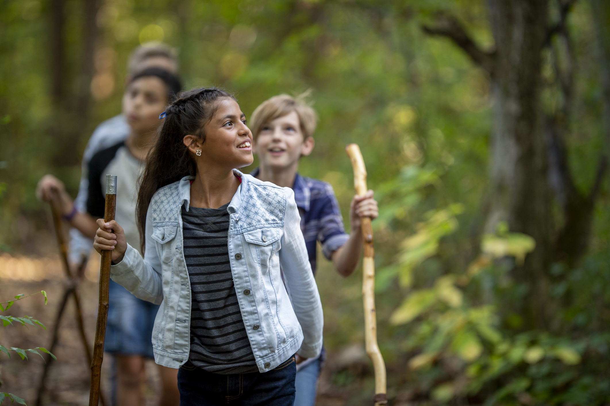Group of children walk next to forest looking in awe at nature Image: Istock/FatCamera