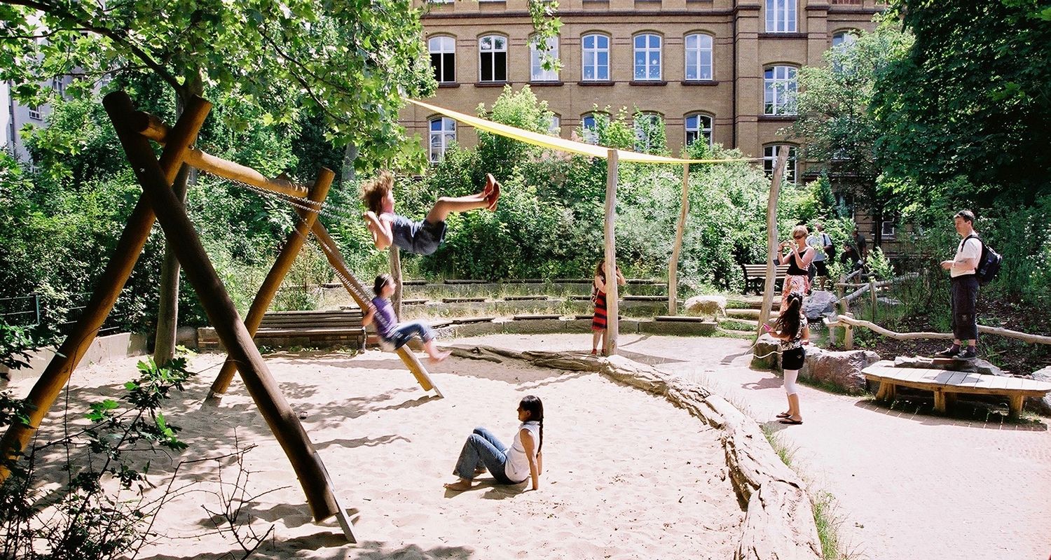 Children playing in an outdoor school ground